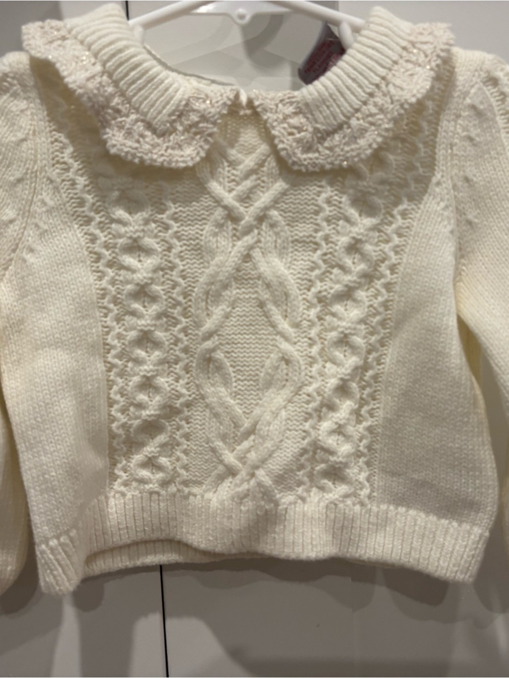 Tahari Cream Cable-Knit Sweater with Decorative Peter Pan Collar
